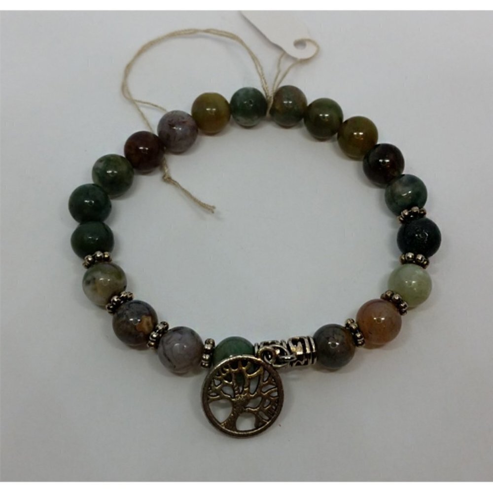 NATURAL polished gemstones bracelet with tree of life charm